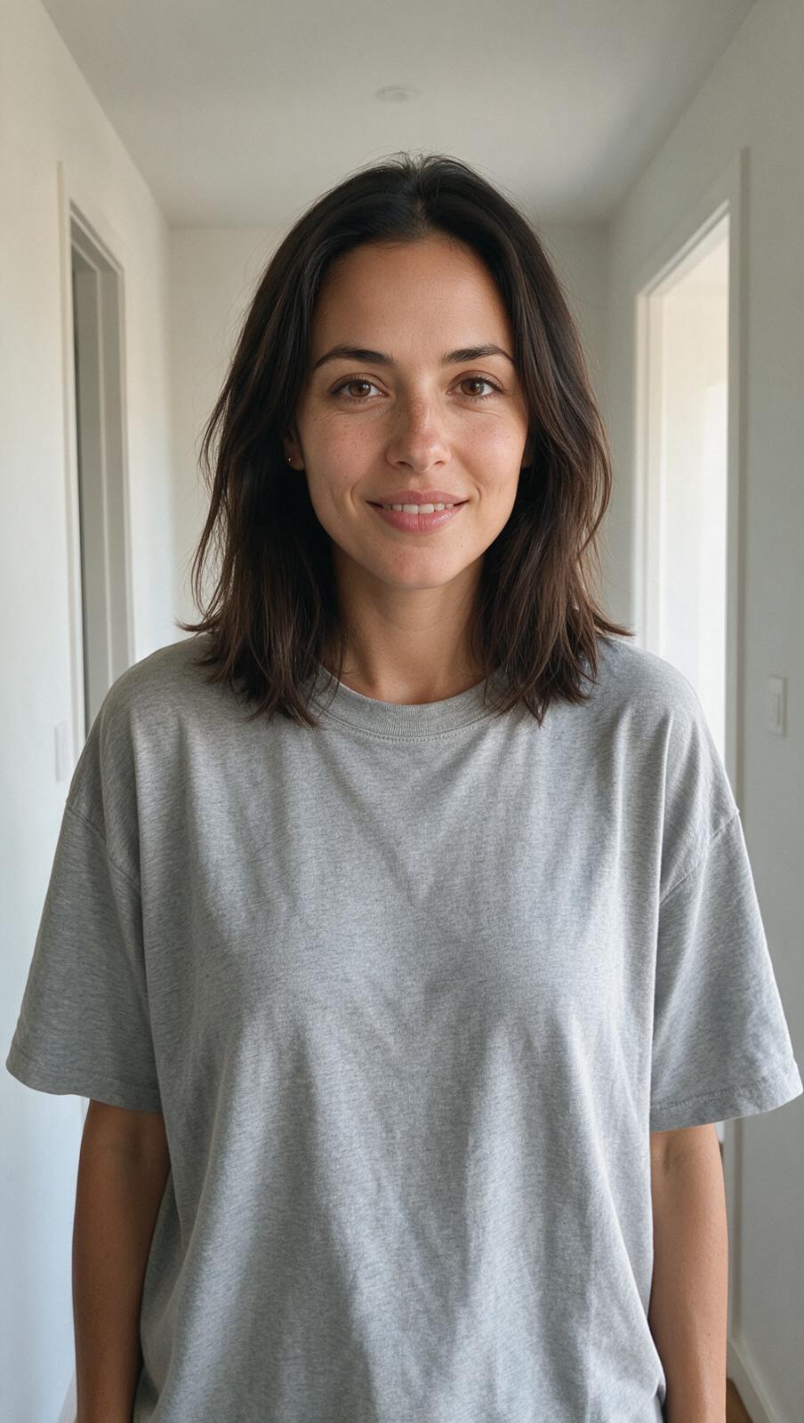 Woman with dark shoulder-length hair