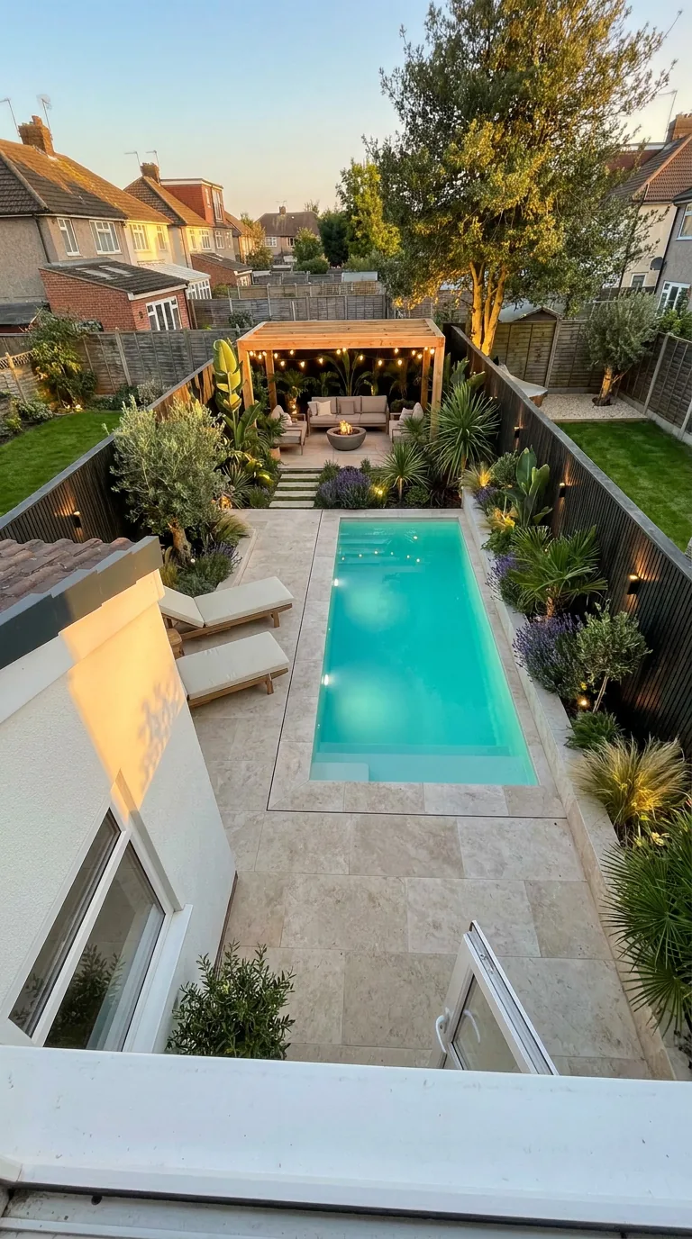 The same garden as a resort-style retreat with a pool and lounge