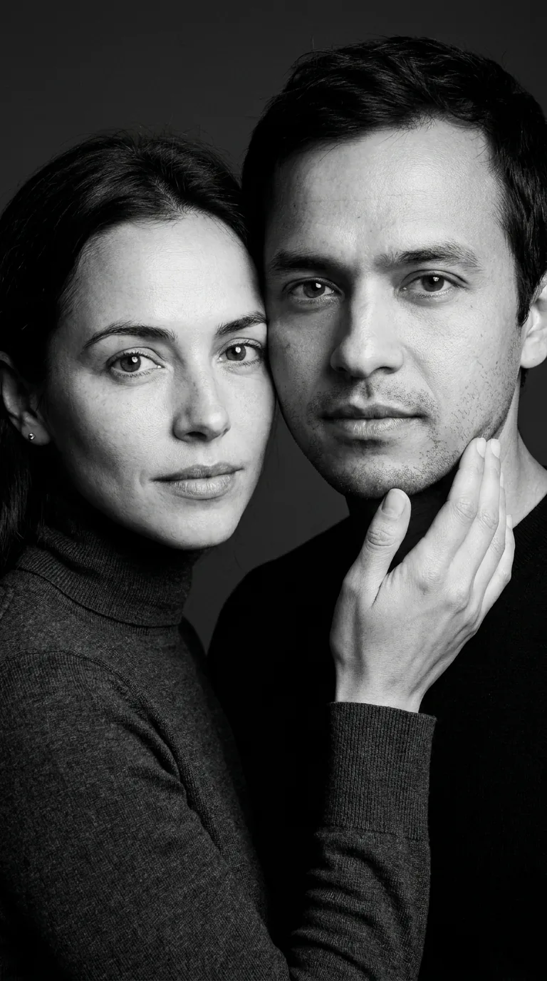 The couple in a black-and-white cheek-to-cheek editorial portrait
