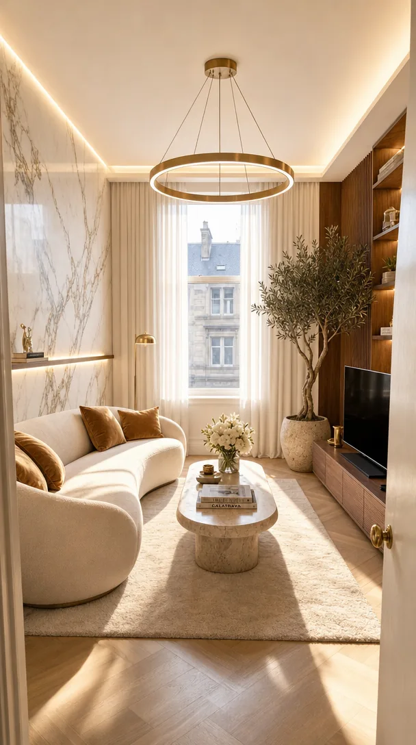 The same living room redesigned in a luxury modern style