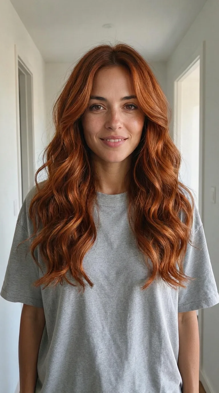 The same woman with long copper-red hair