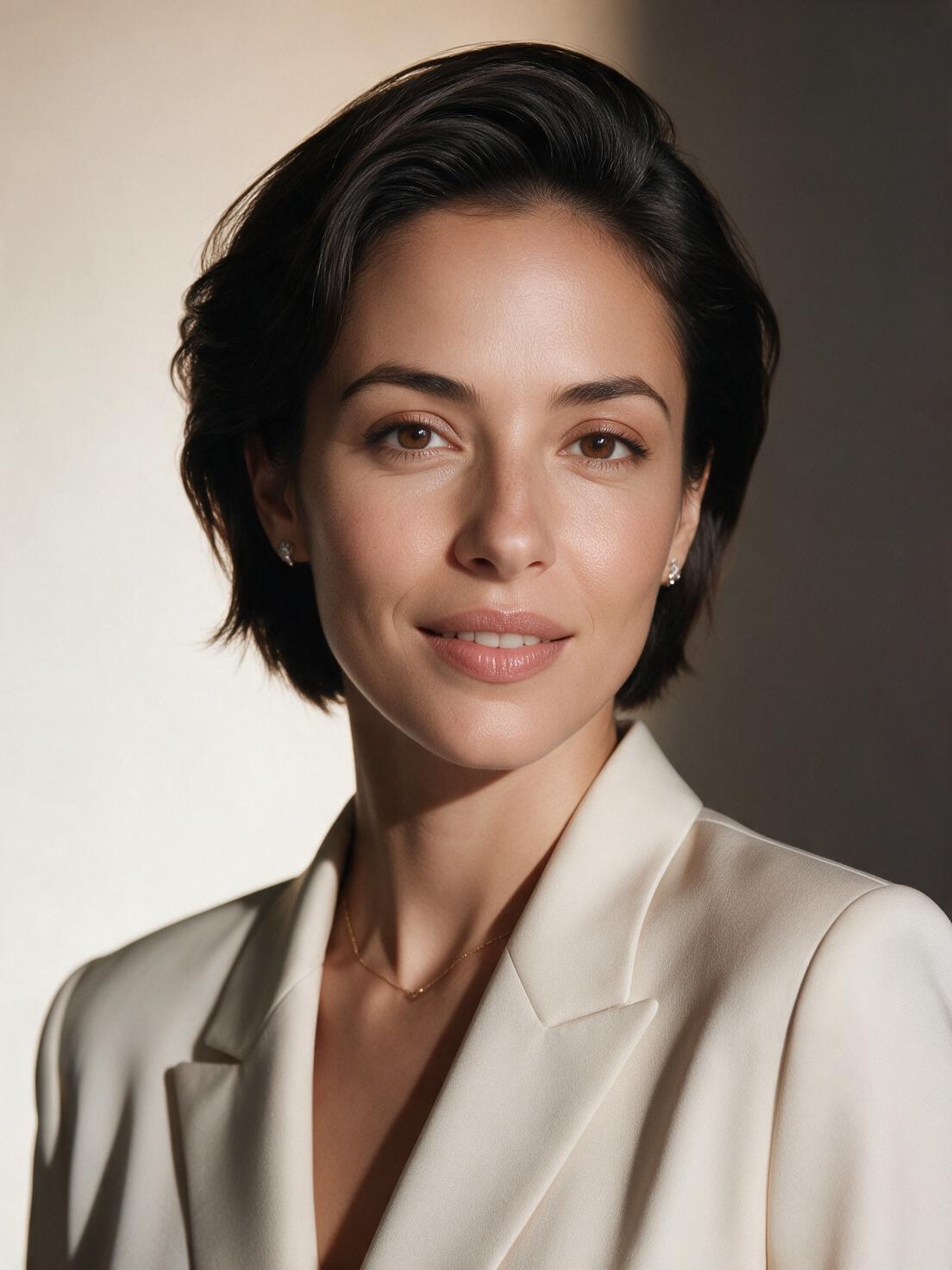 The same woman in a professional portrait with a tailored blazer